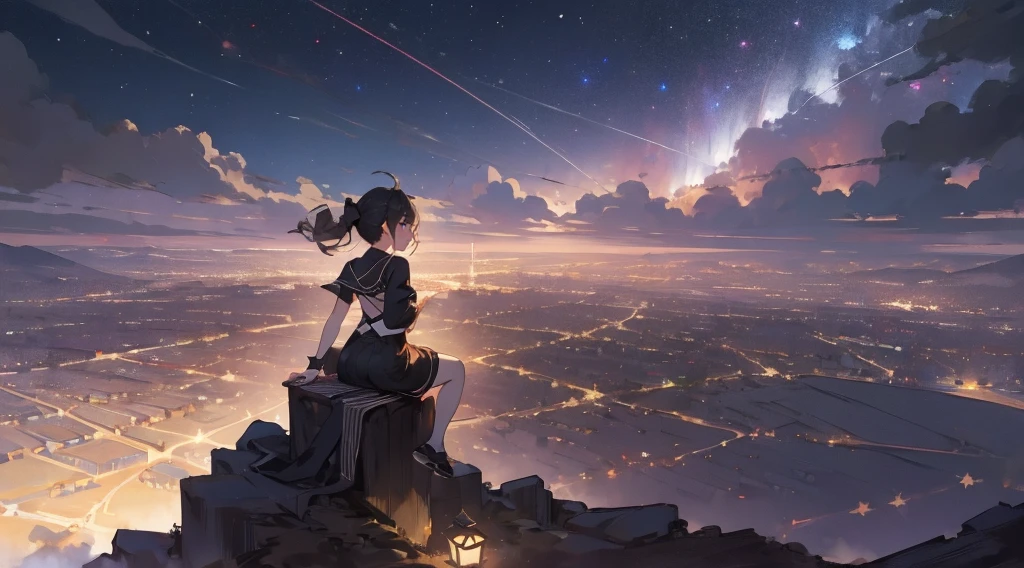 (masterpiece:1.3), (the best quality:1.2), 

masterpiece,night,(dark alley),star、Night Sky、Overlooking the city、milky way、Back view、octone、
(1 girl), (solo), Knee hugging sitting，acousticguitar