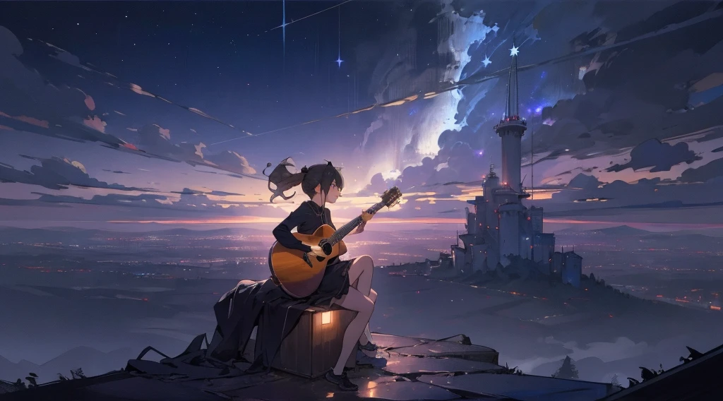 

masterpiece,night,(dark alley),star、Night Sky、Overlooking the city、milky way、Back view、octone、
(1 girl), (solo), Knee hugging sitting，acousticguitar