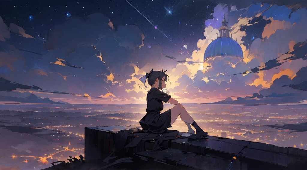 

masterpiece,night,(dark alley),star、Night Sky、Overlooking the city、milky way、Back view、octone、
(1 girl), (solo), Knee hugging sitting，acousticguitar