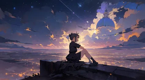 

masterpiece,night,(dark alley),star、Night Sky、Overlooking the city、milky way、Back view、octone、
(1 girl), (solo), Knee hugging ...