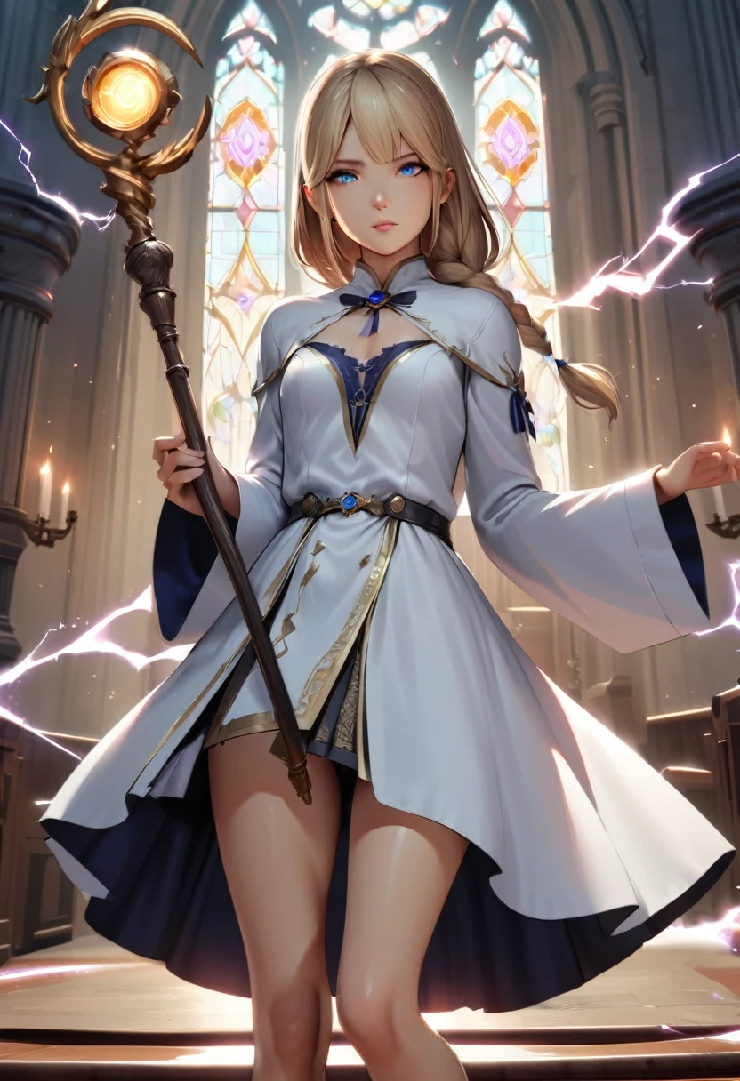 1 girl, trap, Blonde Hair, One-side long braid, blue eyes, flat chest, A short person, White robe, Bare legs, Thunder and Lightning，lightning，electrical arcs，Discharge of，magic，Thunder holding the golden staff, Church Background, Textured Skin, Ultra HD, Ultra HD, Ultra HD, Ultra HD, The award-winning, High Detail, Incredible high-key lighting and shadows, masterpiece, Incredible illustrations