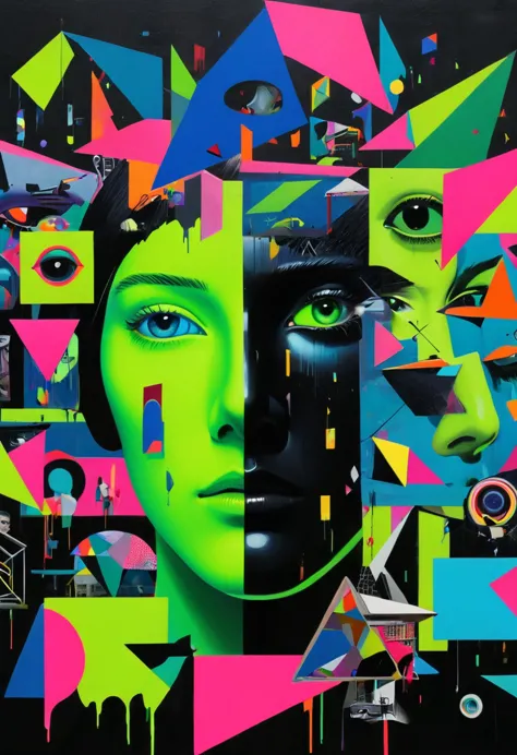 surreal and strange dislocation art：collage，there are many different things on the faces，neon colors playground toys，geometric d...