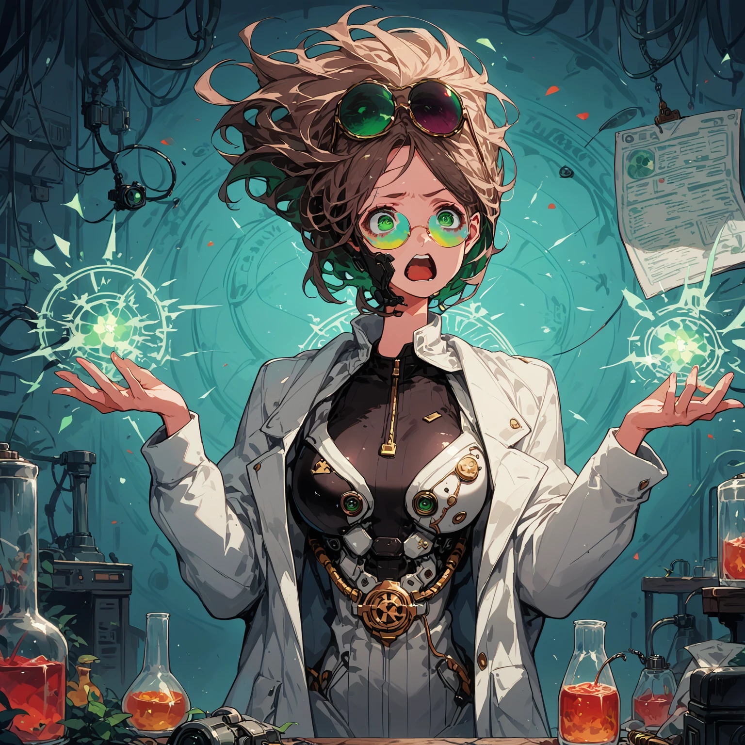 a very beautiful woman , random hair style, form-fitting suit, white lab coat, sunglasses, green eyes, in a laboratory, chemicals on the table, boiling potions, wearing sun glasses, she has the super power alchemize, she can turn wood to metal, and rubber into gold, her expression is Confused/Puzzled: Squinted eyes, raised eyebrow, tilted head, slightly open mouth, magic circle, magic power, casting spell, metal rod, gold and other tiny substances floating around her, (nude:0.8), detailed gorgeous face| anime style| key visual| intricate detail| highly detailed| breathtaking| vibrant| panoramic| cinematic| Carne Griffiths| Conrad Roset| gibbli 8k