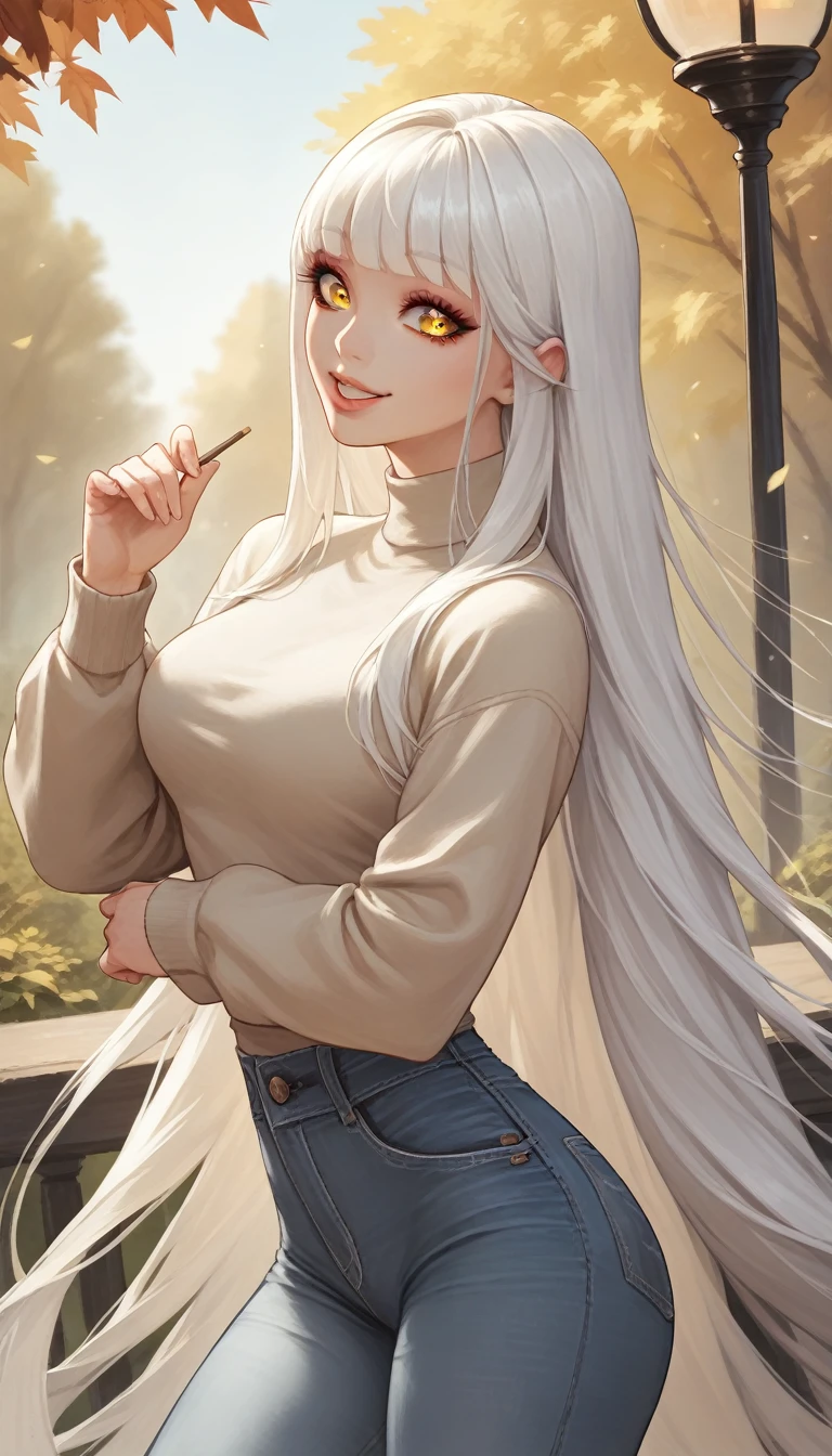 1girl, solo, blancrnd, white hair, very long hair, yellow eyes, beautiful detailed eyes, beautiful detailed lips, extremely detailed eyes and face, long eyelashes, breasts, hair intakes, bangs, sweater, jeans, happy, smile, outdoors, casual, street, (best quality,4k,8k,highres,masterpiece:1.2),ultra-detailed,(realistic,photorealistic,photo-realistic:1.37),colorful, vibrant colors, warm lighting, natural lighting, soft shadows, detailed background, intricate details, clean rendering