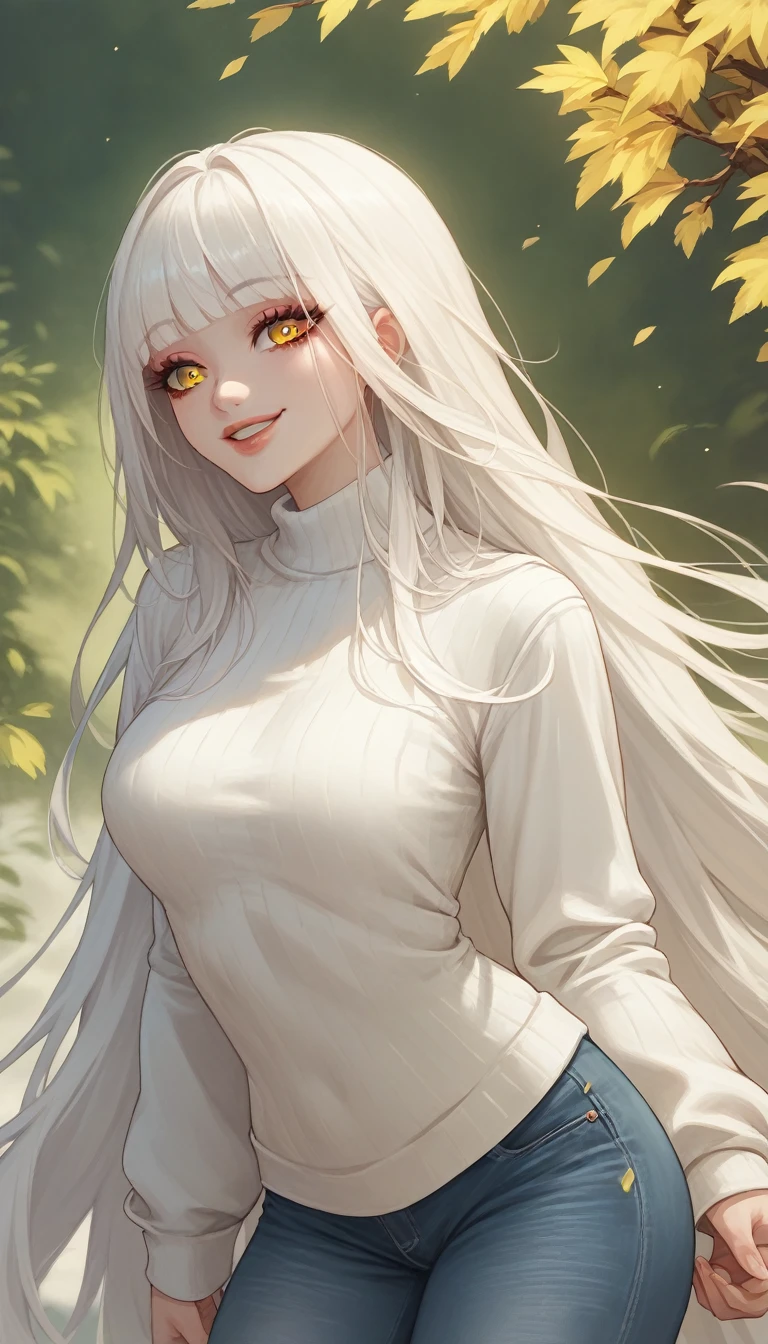 1girl, solo, blancrnd, white hair, very long hair, yellow eyes, beautiful detailed eyes, beautiful detailed lips, extremely detailed eyes and face, long eyelashes, breasts, hair intakes, bangs, sweater, jeans, happy, smile, outdoors, casual, street, (best quality,4k,8k,highres,masterpiece:1.2),ultra-detailed,(realistic,photorealistic,photo-realistic:1.37),colorful, vibrant colors, warm lighting, natural lighting, soft shadows, detailed background, intricate details, clean rendering