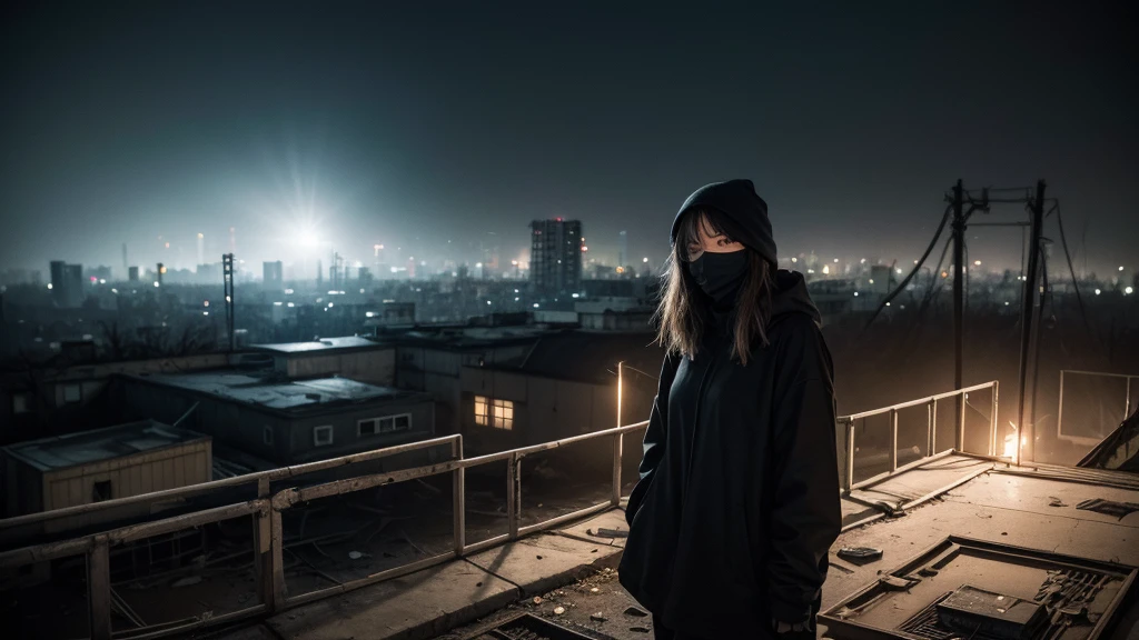 One woman in loose, lightweight black clothing, wearing a prominently visible balaclava, standing on a crumbling rooftop in an abandoned amusement park in Tokyo, surrounded by broken rides and overgrown weeds, eerie atmosphere, sense of mystery and solitude, suspenseful mood, soft, diffused lighting. Dark atmosphere. Mask on face. 8k.