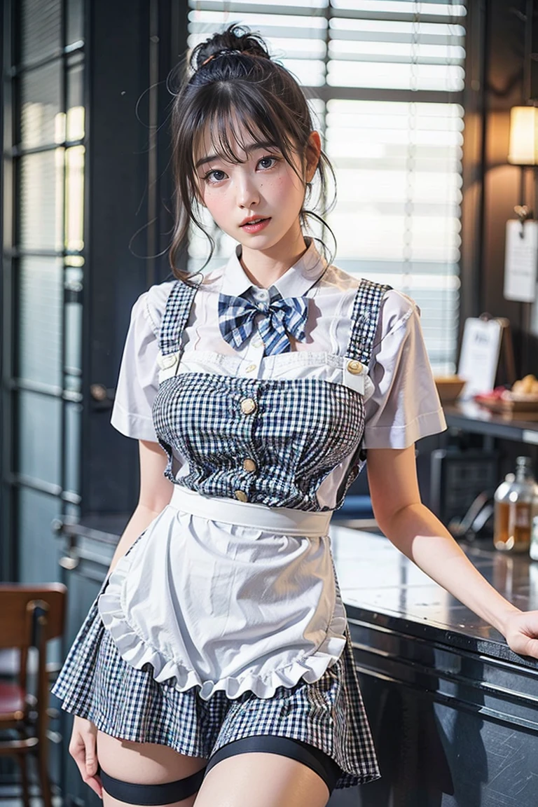 masterpiece, Highest quality, Ultra-high resolution, (Photo realistic:1.6), One Girl,  (Round face:1.3),(Gingham Check Suspender Apron:1.3), (Plain blue high waist skirt:1.3), (Apron over skirt:1.2), (White blouse:1.3), (Double-breasted,Underbust:1.2), Short sleeve, Button gap, (Plain blue bow tie:1.2), Baby Face, Beautiful body, 普通のchest, Beautiful thighs, Beautiful feet, Camel Toe, (Smooth Skin:1.1), Dynamic pose, (chest:1.2), Cafe, restaurant,