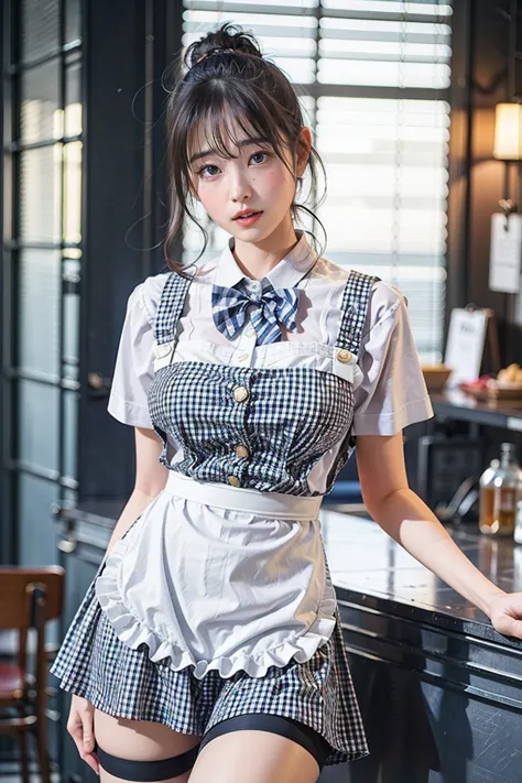 masterpiece, highest quality, ultra-high resolution, (photo realistic:1.6), one girl,  (round face:1.3),(gingham check suspender...