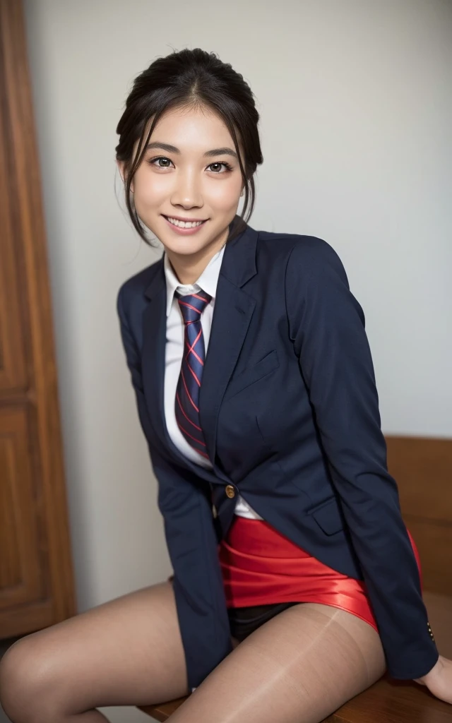 girl, Hyper Realistic, masterpiece, smile, portrait, bobhair, skirt suit, dress shirt, red necktie, blazer, bodycon miniskirt, pencil skirt, tights, pantyhose