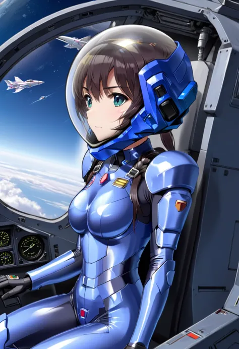 ((female pilot in the cockpit of a reconnaissance plane), (airplane cockpit), (in flight), (10000 feet altitude)、(sky view):1.7)...