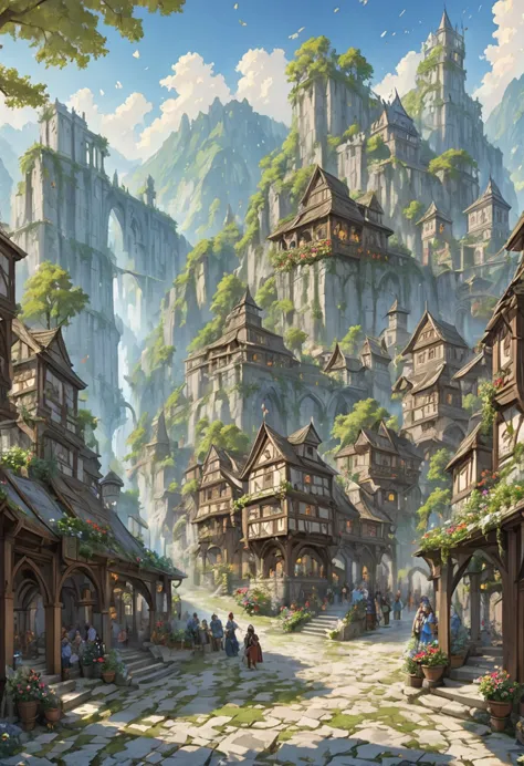 middle ages　 fantasy rpg landscape stone city landscape　 a lot of people　bard　bar