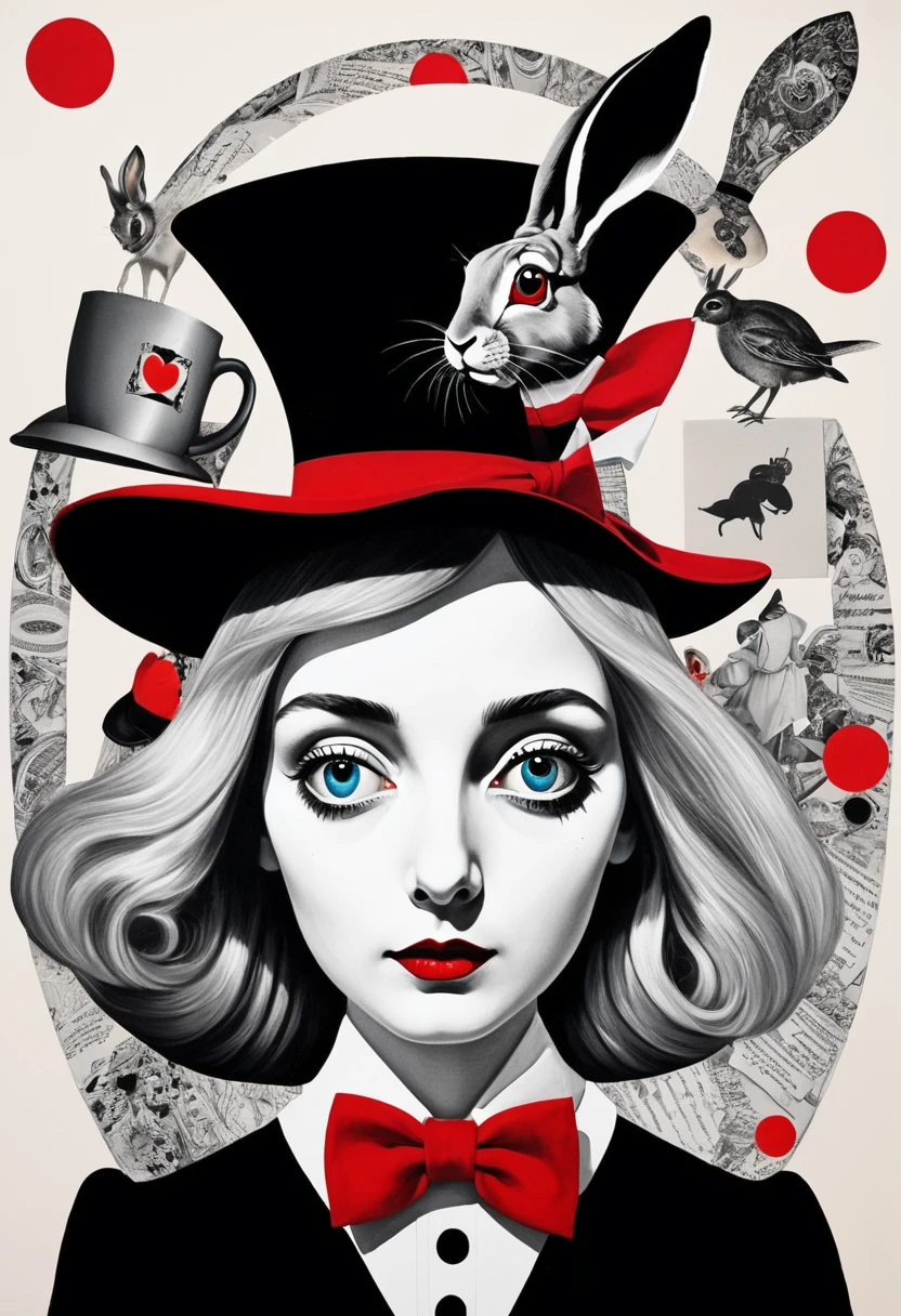 lewis carrol, Alice in Wonderland, Surreal and strange dislocation art：Collage，There are many different things on the faces，black white red，Geometric Dislocation，Collage,Hollow，Artistic sense，Painting，paint，Simple, Mad Hatter tea time hats, hare