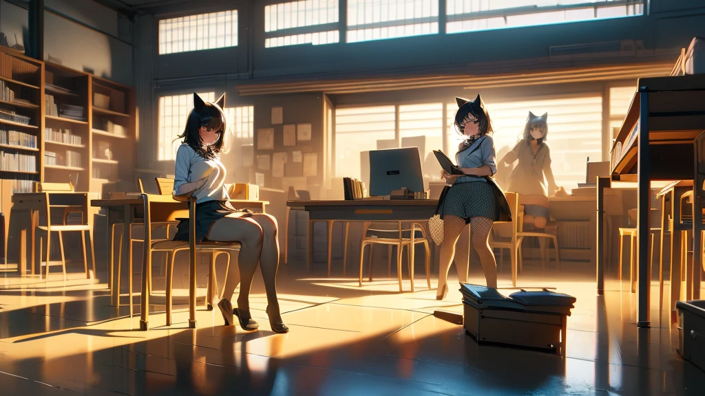 Two girls with cat ears, without underwear, lift their skirts and pee standing up and look at you blushing, Full body shot, lifting up skirt, pee, without underwear, show naked breasts, in best quality with many details, Fishnet stockings, grader piss jet, pissing in public, peeing on a book