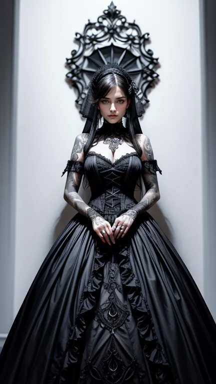 create an extravagant full-body portrayal of a woman in gothic style, emphasis on "woman" theme. the design should feature gothi...