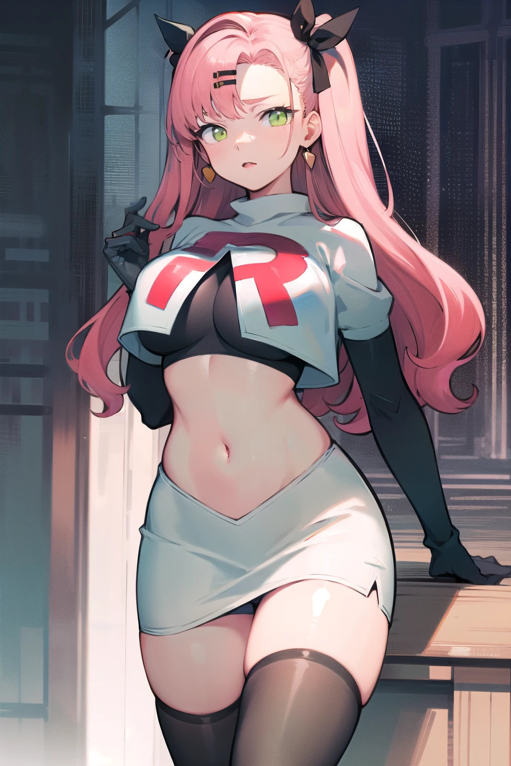 masterpiece, best quality, ultra-detailed, extremely detailed,illustration, 1girl, nicole demara,green eyes, hair ribbon, hairclip, earrings, doll, cowboy shot, team rocket,team rocket uniform,white skirt,red letter R,crop top,black thigh-highs,black elbow gloves