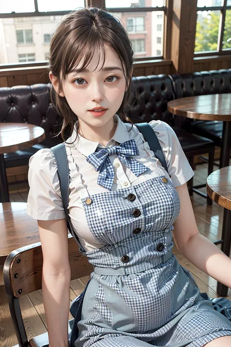 masterpiece, highest quality, ultra-high resolution, (photo realistic:1.6), one girl,  (round face:1.3),(gingham check suspender...