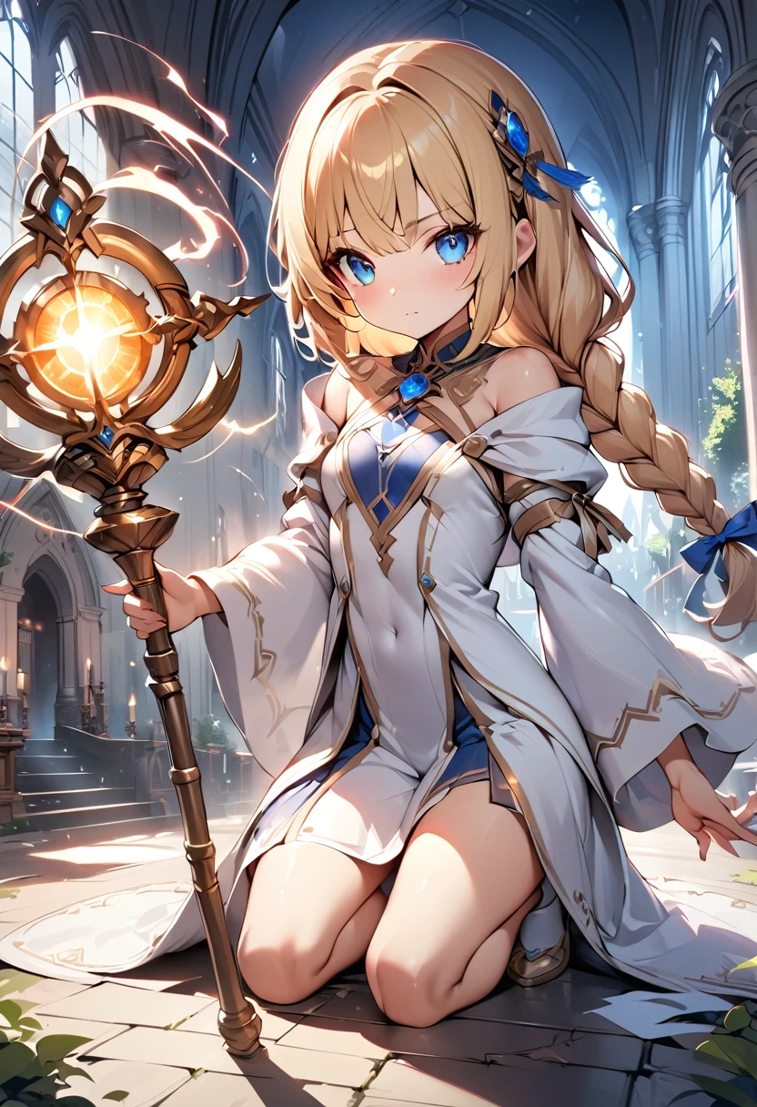 1 girl, trap, Blonde Hair, One-side long braid, blue eyes, flat chest, A short person, White robe, Bare legs, Thunder and Lightning，lightning，electrical arcs，Discharge of，magic，Thunder holding the golden staff, Church Background, Textured Skin, Ultra HD, Ultra HD, Ultra HD, Ultra HD, The award-winning, High Detail, Incredible high-key lighting and shadows, masterpiece, Incredible illustrations