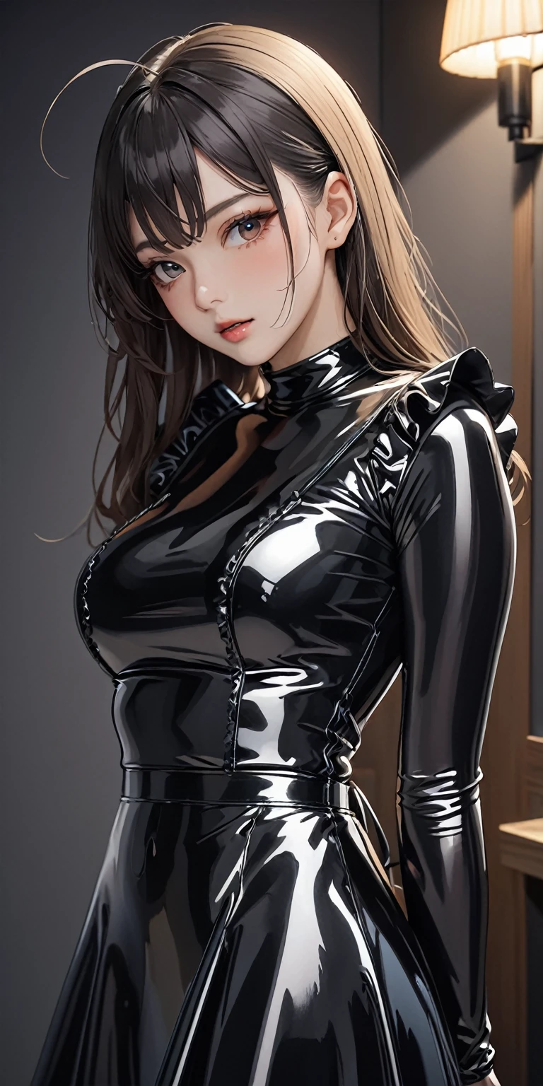 Portraiture、(masterpiece,Highest quality,Ultra-high resolution),Japanese women, (((Very beautiful 25 year old girl))),(Latex Maid Clothing)、((Latex Long Skirt))、(A long-sleeved latex shirt that covers the upper body)、Latex gloves、Latex socks、Latex bodysuit、Frills、The clothes fit snugly to the body、Latex is very shiny、Dark Room、