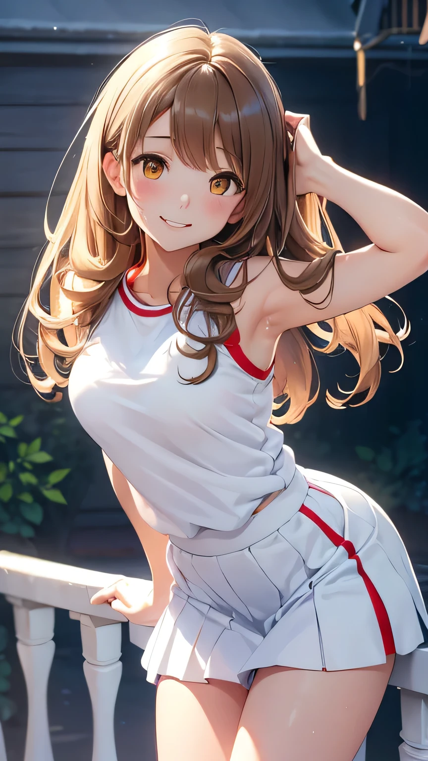 Highest quality, Soft Light, Ultra-high resolution,young woman, alone, sexy, (An inviting smile), (Pale yellow eyes), Beautiful face in every detail,(High resolution detail of human skin texture), (Brown curly medium length hair), White sportswear,Blue tennis skirt,Lean forward and look at the viewer,（Sweat:1.3）