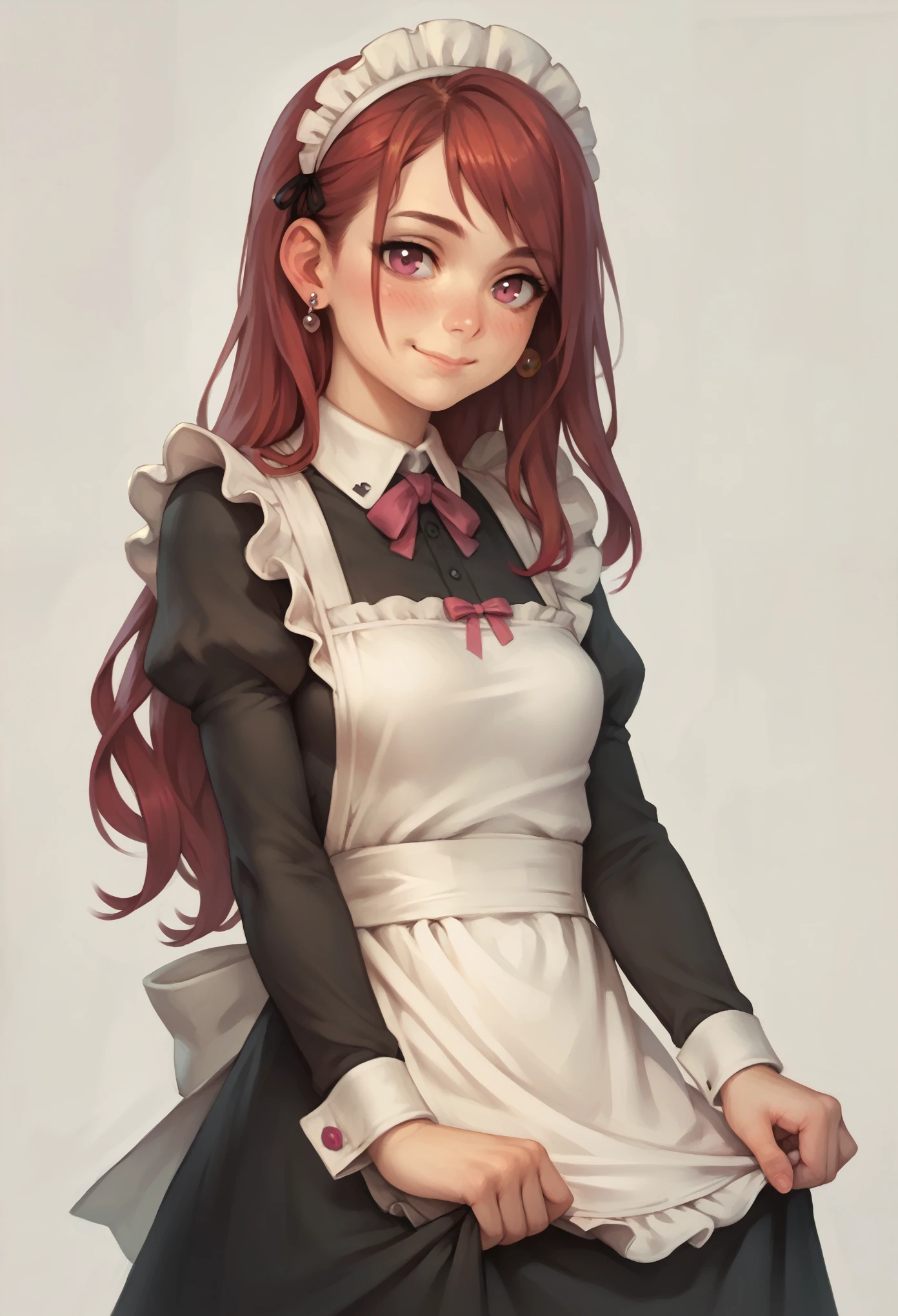 score_9, score_8_up, score_7_up, score_6_up, score_5_up, score_4_up, BREAK breasts, solo, blush, maid headdress, maid, looking at viewer, smile, grey background, simple background, apron, red hair, long hair, small breasts, closed mouth, pink eyes, long sleeves, earrings, jewelry, maid apron, spot color, dress