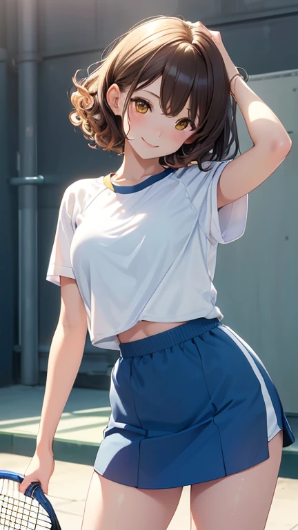 Highest quality, Soft Light, Ultra-high resolution,young woman, alone, sexy, (An inviting smile), (Pale yellow eyes), Beautiful face in every detail,(High resolution detail of human skin texture), (Brown curly short hair), Sportswear,Blue tennis skirt,Lean forward and look at the viewer,（Sweat:1.3）