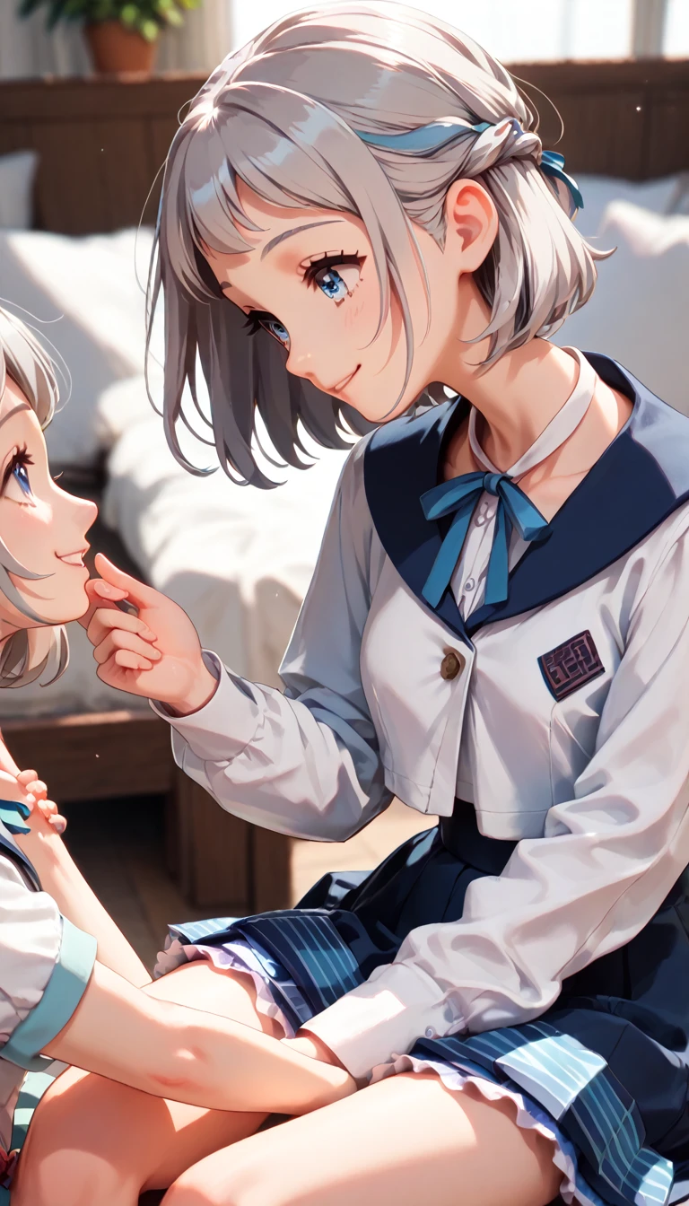 16K,One Girl, Yuri Katsuragi,blue eyes,Gray Hair,smile,short hair,Braiding,,Sailor collar,Neck ribbon, White shirt,Layered skirt,View,Anime illustration,On the bed,