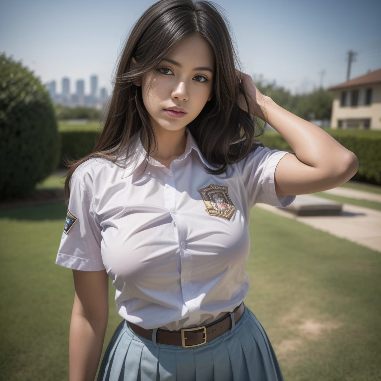 1girl, (uniform), standing, outdoors, detailed Metropolitan city at the background, (above head shot: 1.4), (zoom-out :1.3), detailed face, detailed eyes, brunette, big breasts, smooth realistic skin, semi-curvy body, white shirt, grey blue hot miniskirt , looking at the audience, Full body shot, (8k, RAW photo, best quality, masterpiece: 1.2), (realistic, realistic: 1.37), ultra-high resolution