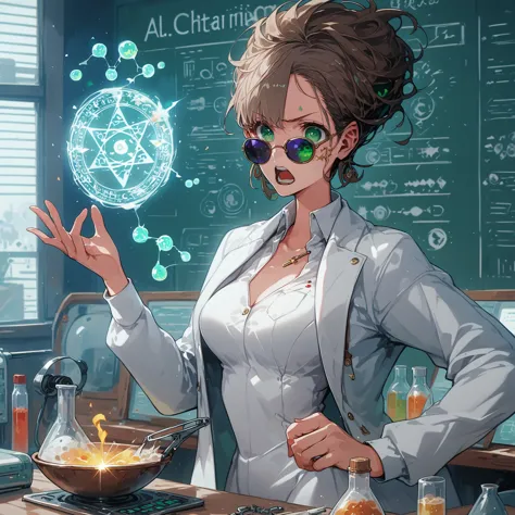 a very beautiful woman , random hair style, form-fitting suit, white lab coat, sunglasses, green eyes, in a laboratory, chemical...