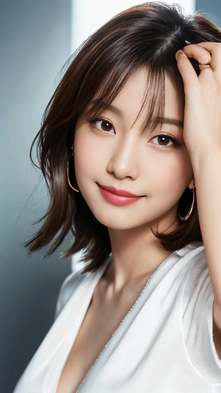 (Highest quality, Flying debris, Realistic photos, Very detailed, Ultra-high resolution, to be born:1.3), (1 female, Beautiful Japanese actresses, Age 25),  (A shy smile), Detailed face，Flashy makeup using red eyeshadow，big ring earrings，Light blonde delicate medium cut hair，the tips of the hair are wavy，Elegant hairstyle，Beautiful Eyes, Slender actress，Small breasts,  White shirt，(mini skirt)，White panties，