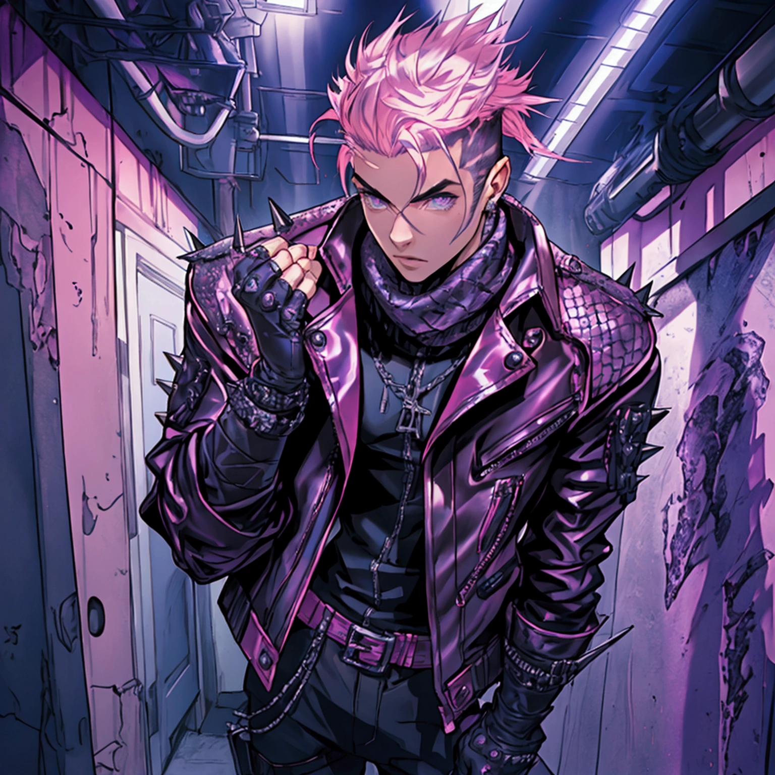 a young male with a pink and tear undercut, punk leather jacket with metal spikes, fingerless gloves, purple snake skin pants, cowboy boots, detailed face, detailed eyes, detailed lips, portrait, photorealistic, 8k, best quality, masterpiece, ultra-detailed, extremely detailed, physically based rendering, vivid colors, dramatic lighting, solo, alone, (SOLO)(ALONE)