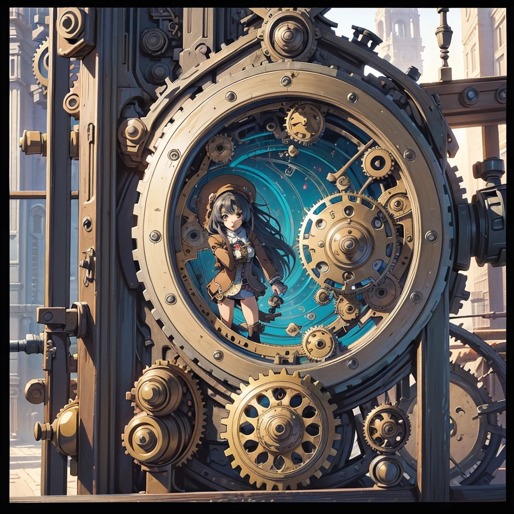 (Masterpiece:1.2), (Fantasy World), (anime art:1.6), Clock, steampunk, builds of GEARS, houses of gears, market, ultra detailed, 8k.