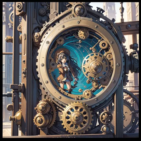 (Masterpiece:1.2), (Fantasy World), (anime art:1.6), Clock, steampunk, builds of GEARS, houses of gears, market, ultra detailed,...