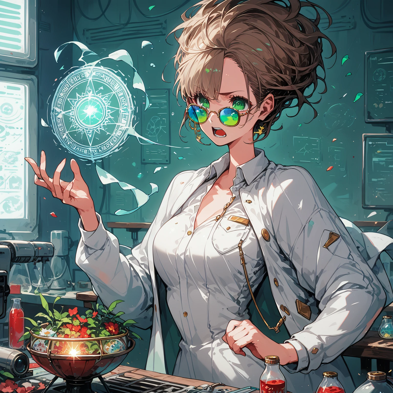 a very beautiful woman , random hair style, form-fitting suit, white lab coat, sunglasses, green eyes, in a laboratory, chemicals on the table, boiling potions, wearing sun glasses, she has the super power alchemize, she can turn wood to metal, and rubber into gold, her expression is Confused/Puzzled: Squinted eyes, raised eyebrow, tilted head, slightly open mouth, magic circle, magic power, casting spell, metal rod, gold and other tiny substances floating around her, (nude:0.9), NSFW,  detailed gorgeous face| anime style| key visual| intricate detail| highly detailed| breathtaking| vibrant| panoramic| cinematic| Carne Griffiths| Conrad Roset| gibbli 8k