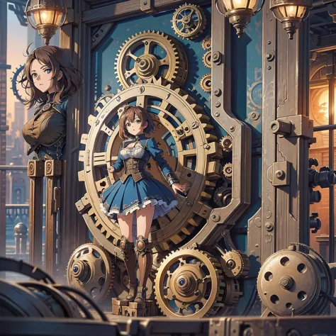 (Masterpiece:1.2), (Fantasy World), (designed in anime:1.3), Clock, steampunk, builds of GEARS, houses of gears, market plance, ...