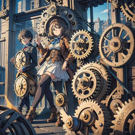 (Masterpiece:1.2), (anime:1.3), Clock, steampunk, builds of GEARS, houses of gears, market plance, ultra detailed, 8k.