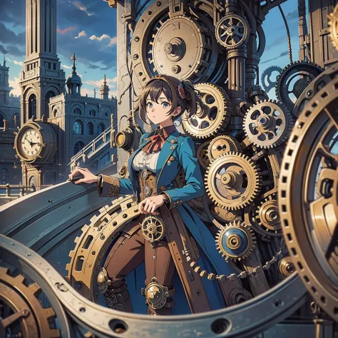 (Masterpiece:1.2), (anime:1.3), Clock, steampunk, builds of GEARS, houses of gears, market plance, ultra detailed, 8k.