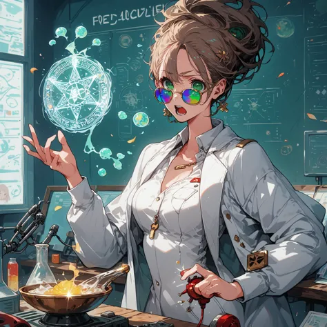 a very beautiful woman , random hair style, form-fitting suit, white lab coat, sunglasses, green eyes, in a laboratory, chemical...