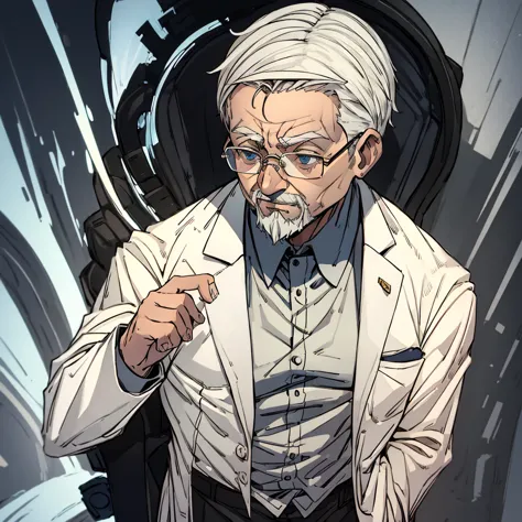 Old man in white suit, serious expression, goatee, square glasses, fully body