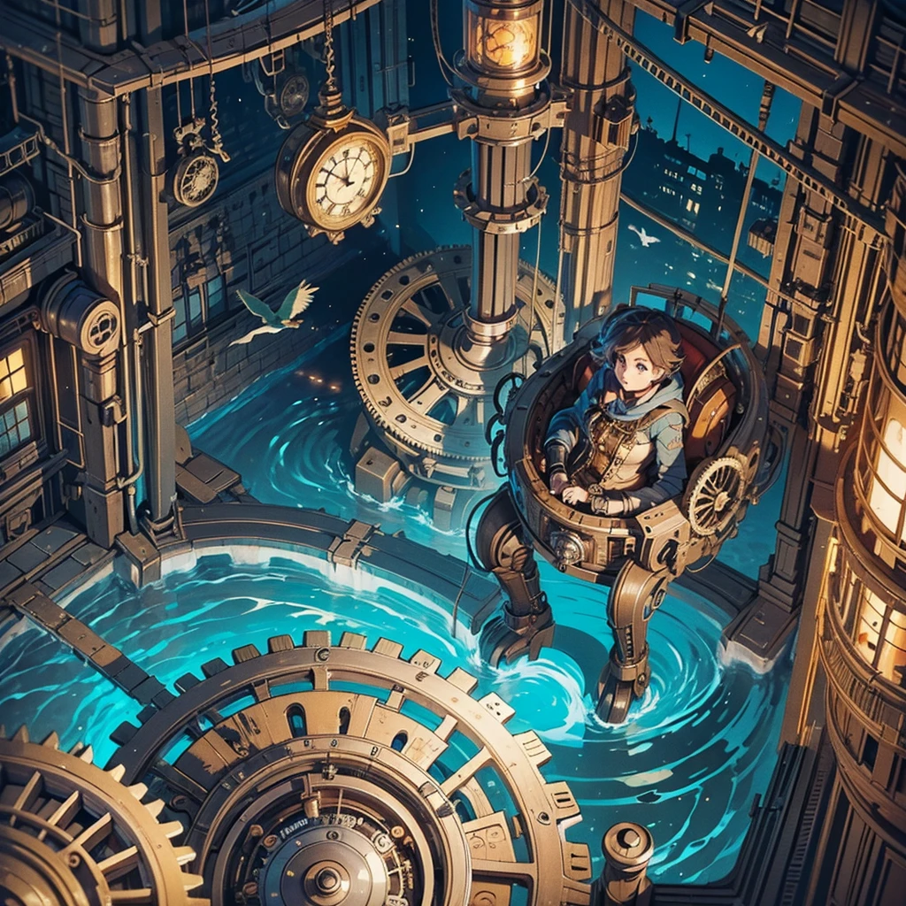 (chef-d&#39;œuvre:1.2), (vue d&#39;oiseau:1.3), horloge, Steampunk, versions de GEARS, maisons d&#39;engrenages, planches de marché, ultra détaillé, 8k.