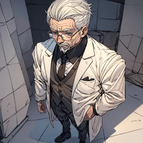 Old man in white suit, serious expression, goatee, square glasses, full body from head to toe