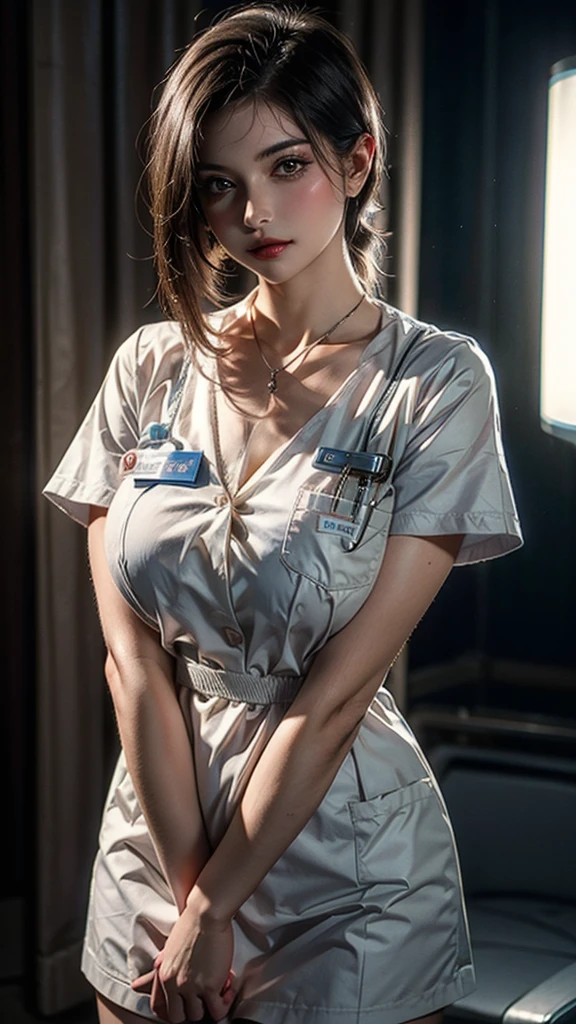 la plus haute qualité, chef-d&#39;œuvre, Ultra haute résolution, (réalité: 1.4), Photo originale, Une fille, robe conservatrice, uniforme d&#39;infirmière, Éclairage de cinéma, Gros seins, Coffre de couverture