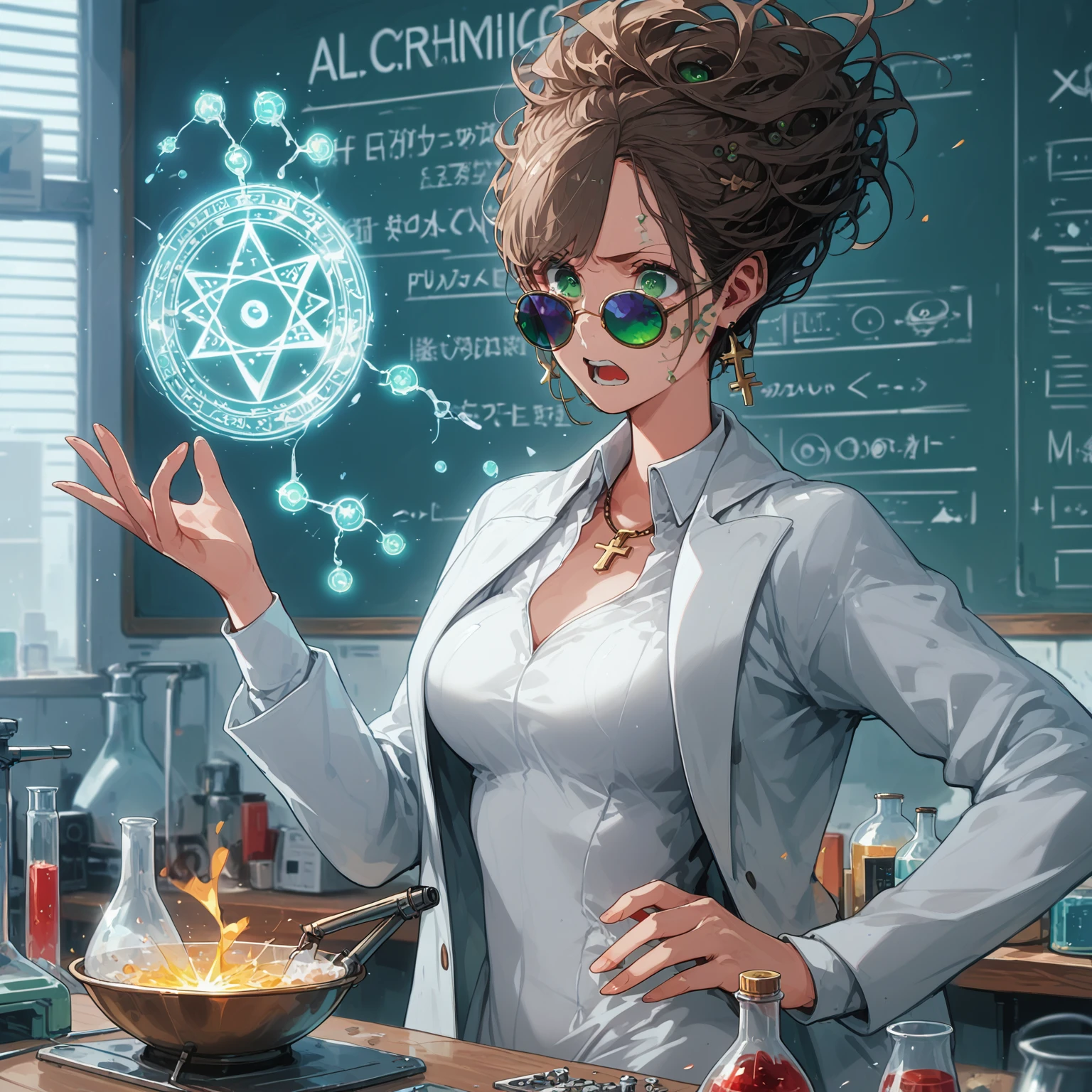 a very beautiful woman , random hair style, form-fitting suit, white lab coat, sunglasses, green eyes, in a laboratory, chemicals on the table, boiling potions, wearing sun glasses, she has the super power alchemize, she can turn wood to metal, and rubber into gold, her expression is Confused/Puzzled: Squinted eyes, raised eyebrow, tilted head, slightly open mouth, magic circle, magic power, casting spell, metal rod, gold and other tiny substances floating around her, (nude:0.9), detailed gorgeous face| anime style| key visual| intricate detail| highly detailed| breathtaking| vibrant| panoramic| cinematic| Carne Griffiths| Conrad Roset| gibbli 8k