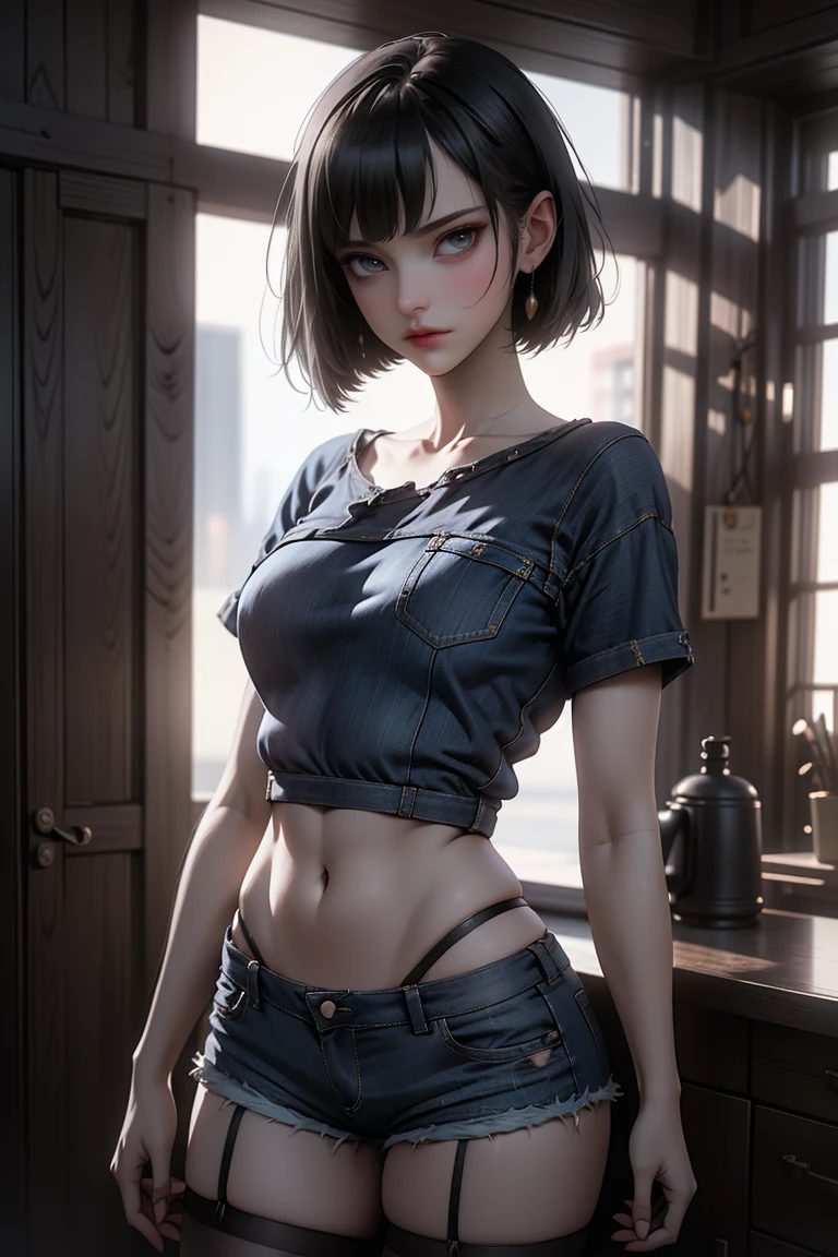 A girl in denim shorts and tattered short sleeves.，Wear stockings with straps on your legs.，Exposing the abdomen，The figure is good，The head is not exposed，[ 4k Realism ]!!, [ 4k Realism ]!!!, [ Artedigital 4K ]!!, Perfect body realistic shadow., being realistic!!!!!!! Art Style, photorealistic anime, from Shitao, Popular topics on cgstation, pose casual, 3d realistic anime style