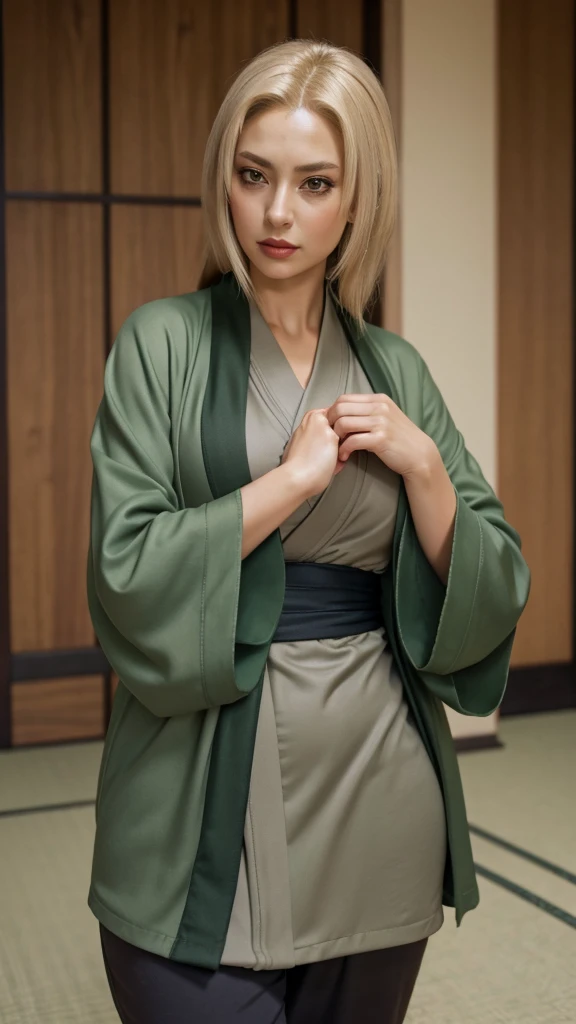 old woman,  hair blonde, light brown eyes , Tsunade Senju , gray kimono blisa style robes dark green pants 