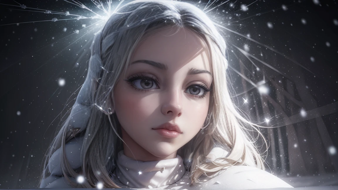 masterpiece, Best Quality, model shoot style, 1 girl, facial focus, (looking at the viewer), (godsrays1.6), (snow particles, light packs:1.5), snow, alcorza, sunrise, Session, snow bank, from below, Dark theme, volumetric lighting, 