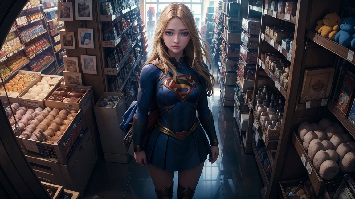 masterpiece, Best Quality, high detailed, showy, from above, Alone, realist, Supergirl standing in a store with many stuffed animals on the shelves and a bag of stuff, blue eyes, fisheye lenses