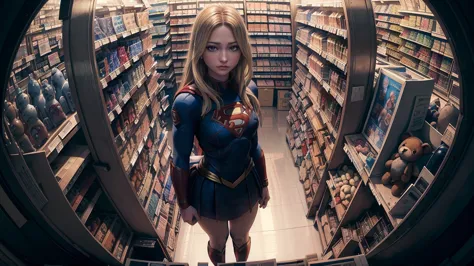 masterpiece, best quality, high detailed, showy, from above, alone, realist, supergirl standing in a store with many stuffed ani...