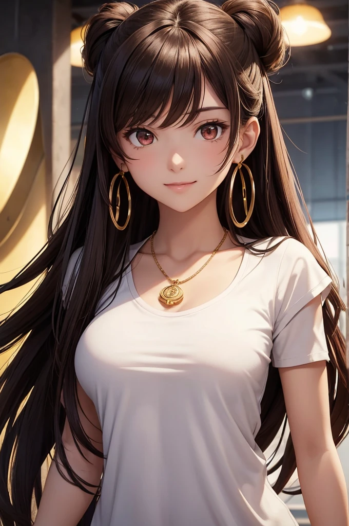 A high-quality anime-style illustration of a confident and sarcastic young woman with long, straight dark brown hair, swept to the side and tucked behind her ears. She has red eyes and smooth, fair skin, smiling with a seductive expression. She is nude with her medium-sized breasts and her body is athletic and sexy. Her accessories include long, round gold earrings and a gold necklace with a gold hamsa pendant. The character is progressively leaning forward, pulling up a white t-shirt to show off her muscular abs. There are heart symbols near her head, adding a charming and playful element. The background is kept to a minimum, ensuring that the focus remains on the character.