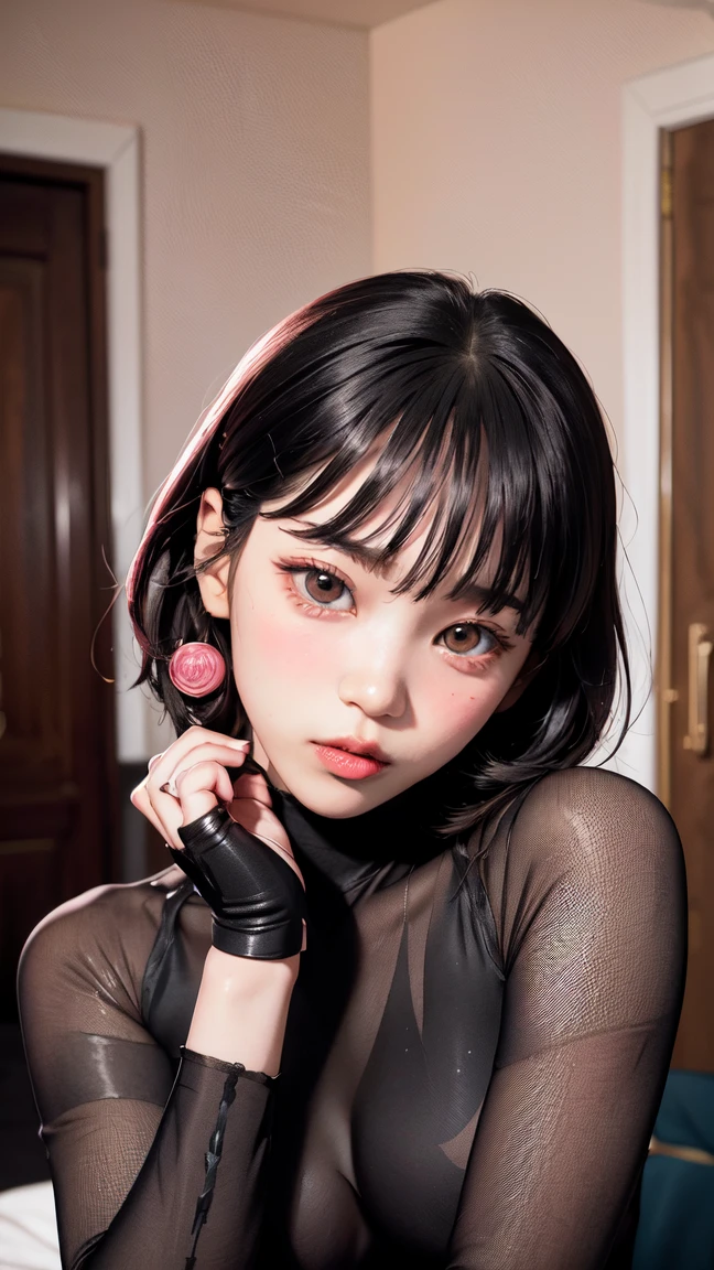 put hands cheek,(embarrassed face:1.4),(blush:1.4),reika\(gantz black suit\), (8k, best quality, masterpiece:1.2), (realistic, photo-realistic:1.37), large breasts,ultra-detailed, 1 girl,cute, solo, sad, beautiful face, black eyes,in room,looking at viewer