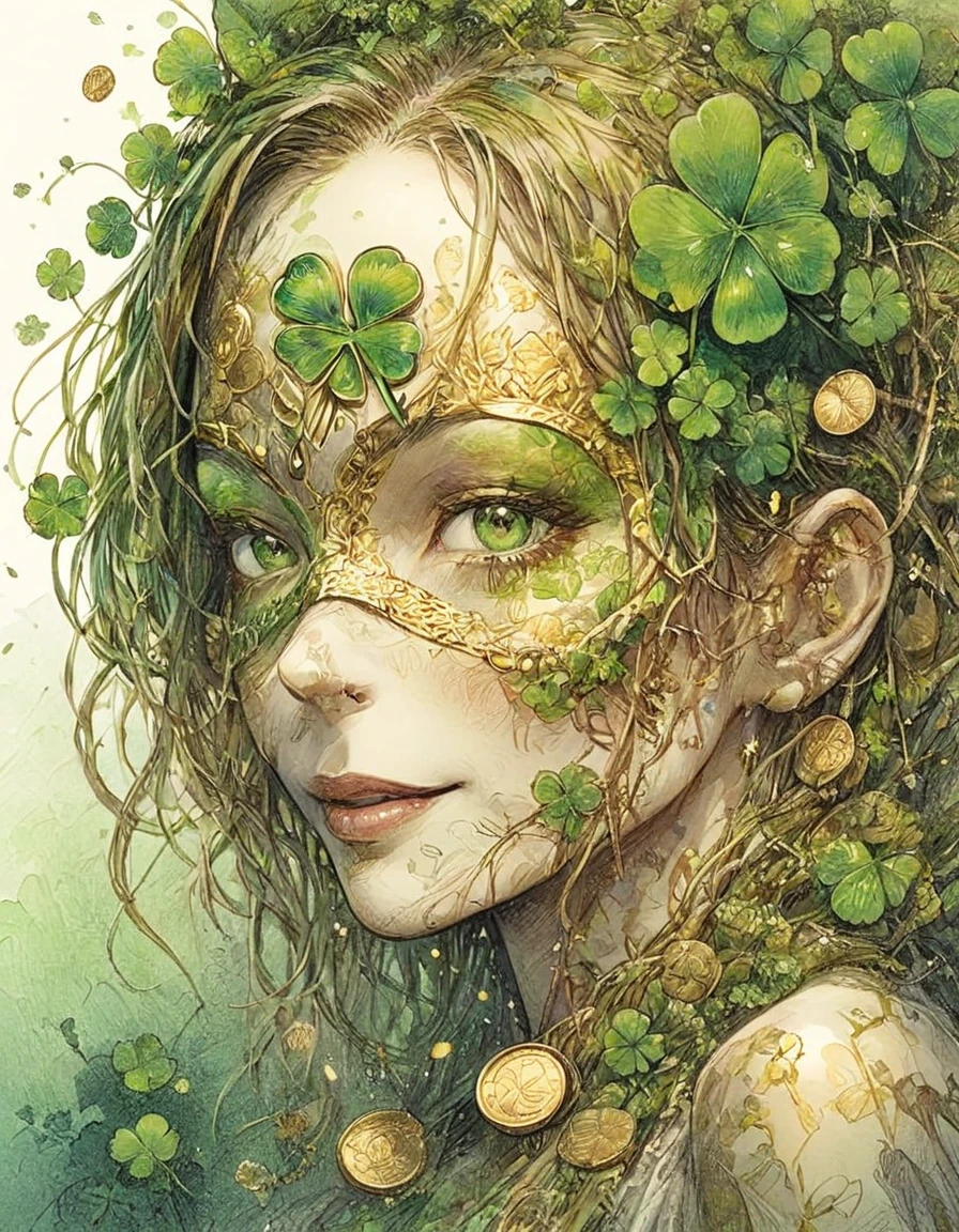 Woman wearing four leaf clover mask shows half of her face to the audience and smiles,by Minjae Lee, Carne Griffiths, Emily Kell, Steve McCurry, Geoffroy Thoorens, Aaron Horkey, Jordan Grimmer, Greg Rutkowski, amazing depth,high resolution, ink painting, green theme, vines, clover leaves and some gold coins,